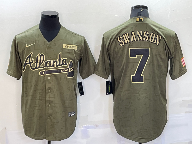 Men's Camo Atlanta Braves #7 Dansby Swanso Salute To Service Cool Base Stitched Jersey